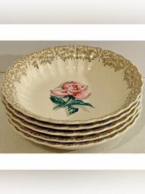 Vintage American Limoges Le Fleur Rouge 22K Gold Rose Berry Bowls Set Of 5 Lot